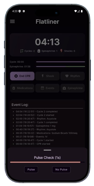Flatliner CPR app showing a medication customization screen with options to add new medications and dosages like Amiodarone and Lidocaine.